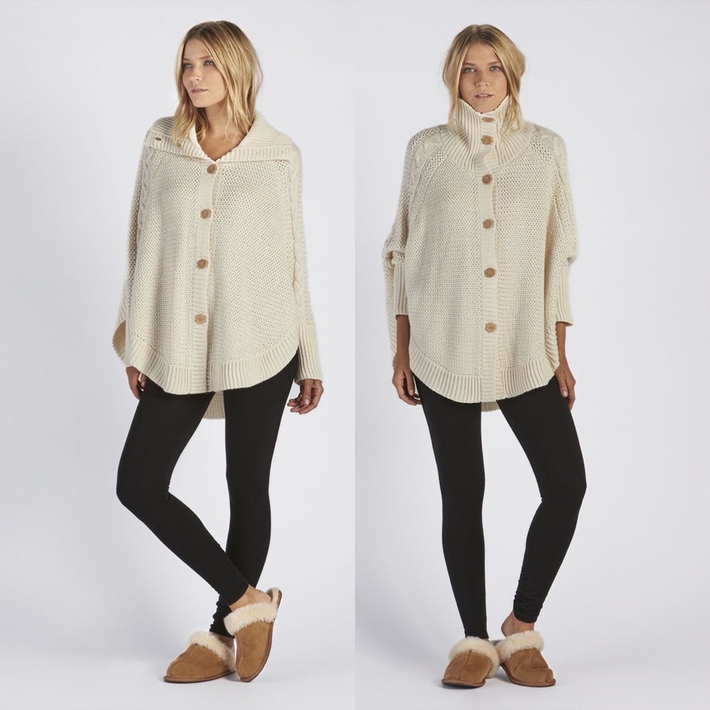 UGG cream cable knit wool Maribeth button front poncho cardigan sweater XS/S
